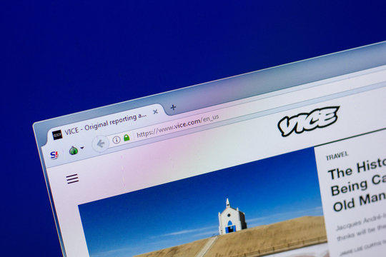 Ryazan, Russia - April 16, 2018 - Homepage of Vice website on the display of PC, url - vice.com.