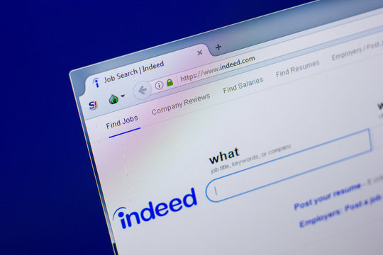Ryazan, Russia - April 16, 2018 - Homepage of Indeed website on the display of PC, url - indeed.com.