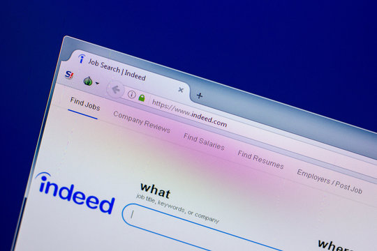Ryazan, Russia - April 16, 2018 - Homepage of Indeed website on the display of PC, url - indeed.com.