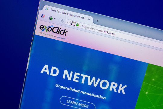 Ryazan, Russia - April 16, 2018 - Homepage of ExoClick ad network on the display of PC, url - exoclick.com.