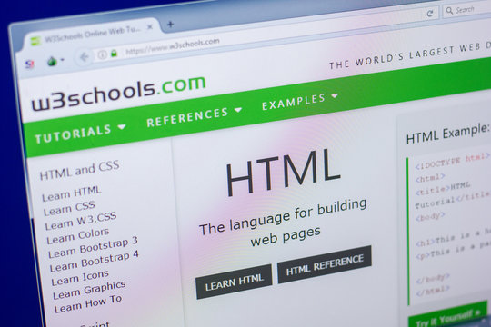 Ryazan, Russia - April 16, 2018 - Homepage of W3Schools website on the display of PC, url - w3schools.com.