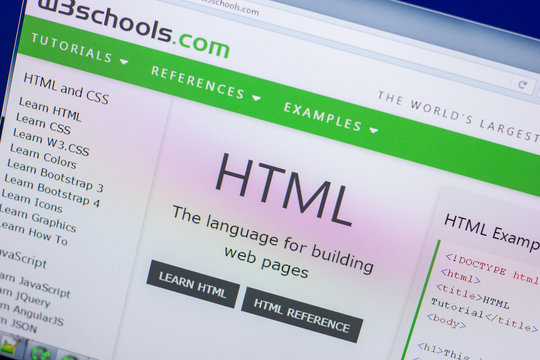 Ryazan, Russia - April 16, 2018 - Homepage of W3Schools website on the display of PC, url - w3schools.com.