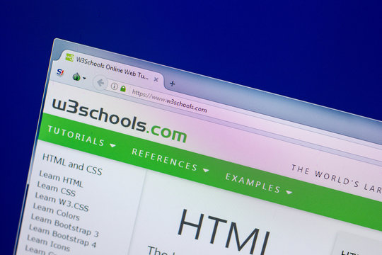 Ryazan, Russia - April 16, 2018 - Homepage of W3Schools website on the display of PC, url - w3schools.com.