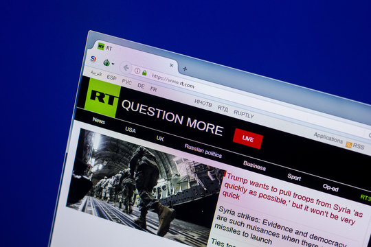 Ryazan, Russia - April 16, 2018 - Homepage of Russia Today website on the display of PC, url - rt.com.