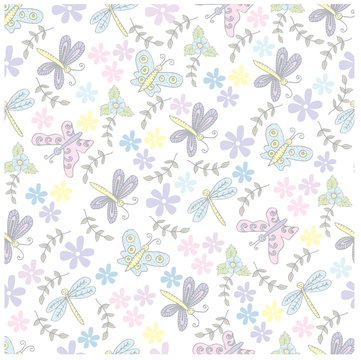 Spring butterflies, dragonfly and flowers seamless pattern.