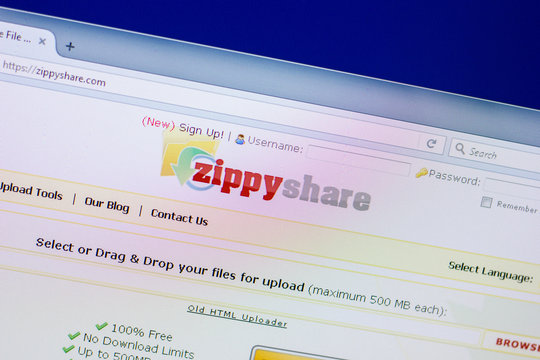 Ryazan, Russia - April 16, 2018 - Homepage of ZippyShare website on the display of PC, url - zippyshare.com.