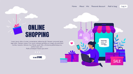 Online shopping. Cartoon people characters making online orders and buying via internet, e-commerce concept. Vector landing page with flat image smartphone and women in internet discounts shop