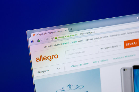 Ryazan, Russia - April 16, 2018 - Homepage of Allegro website on the display of PC, url - allegro.pl.