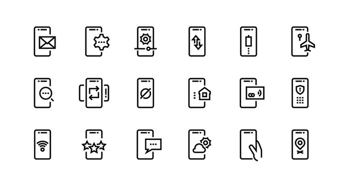 Phone line icons. Mobile device notification and adjustment, wireless pay and secure private data. Vector switch icon smartphone outlines app set for search text notification email