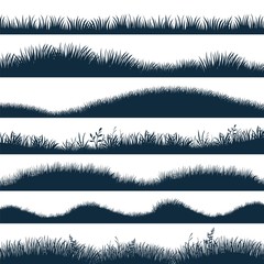 Grass silhouette. Horizontal hills with plants and weed, cartoon wavy meadow and grassland. Vector black marsh set, natural lawn to decoration edge field or background elements