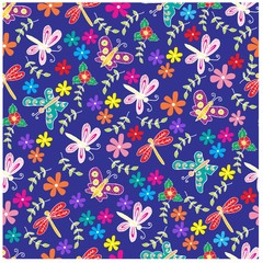 Spring butterflies, dragonfly and flowers seamless pattern.