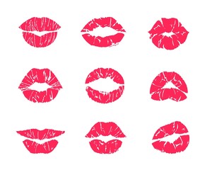 Lipstick kiss. Female mouth makeup, woman lips red grunge print isolated on white, set of affair symbols. Vector illustration lip kiss marks, attractive romantic kissing symbols
