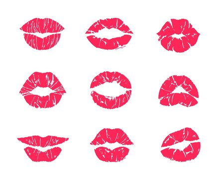 Lipstick kiss. Female mouth makeup, woman lips red grunge print isolated on white, set of affair symbols. Vector illustration lip kiss marks, attractive romantic kissing symbols