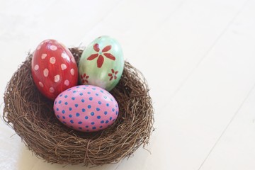 Colorful fancy easter eggs on white background, fun activity for kid concept