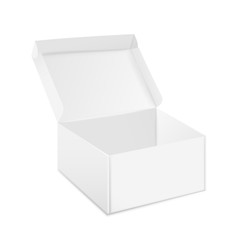 Boxes mockup. Open and closed realistic white cardboard package, paper gift box design template. Vector medicine and food product blank pack, mock up big carton box with lid