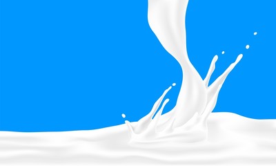 Milk splash background. White cream wave with crown and drops, realistic 3D yogurt flaw. Vector pouring liquid dessert design template on blue