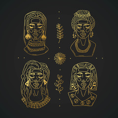 Obraz premium Set of young girls with flowers vector hand drawn line art. Fashion concept elegant golden design. Isolated on dark background. Beautiful feminine faces with hairstyles, make up and accessories.