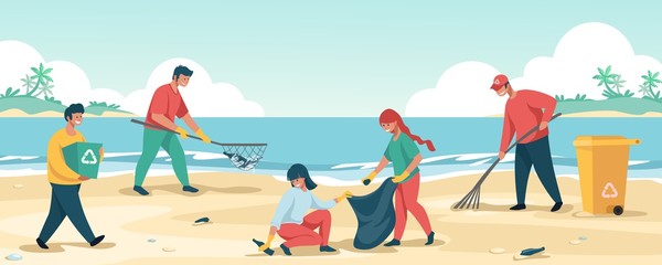 People cleaning beach. Cartoon characters collecting trash and save the environment. Vector concepts to clean garbage from trash and waste pollution scene eco volunteers