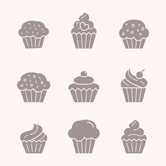 Cupcake Icons set - Vector solid silhouettes of sweet, dessert, muffin, cake and snack for the site or interface