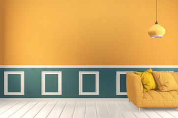 room Green and yellow, Sofa yellow and decoration plants on light green wall and wooden floor.3D rendering