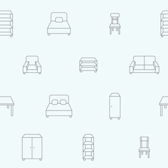 Furniture background - Vector seamless pattern of sofa, chair, table, bed, armchair and closet for graphic design