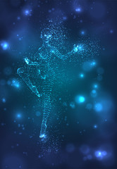 A female silhouette from luminous dots dancing on an abstract dark blue background. vector layout