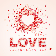 Happy Valentines Day background, paper red, pink and white orange hearts confetti. Vector illustration