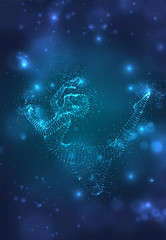 A female silhouette from luminous dots dancing on an abstract dark blue background. vector layout