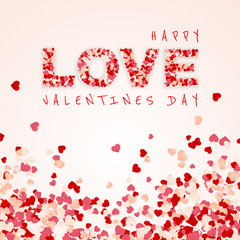 Happy Valentines Day background, paper red, pink and white orange hearts confetti. Vector illustration