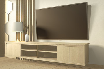 Tv on wall and wooden cabinet in modern empty room Japanese minimal designs. 3D rendering