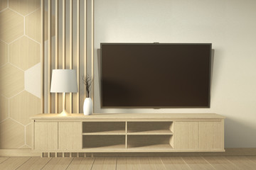 Tv on wall and wooden cabinet in modern empty room Japanese minimal designs. 3D rendering