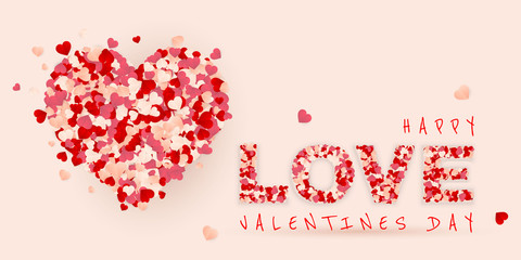 Happy Valentines Day background, paper red, pink and white orange hearts confetti. Vector illustration