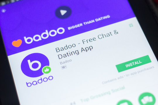 Ryazan, Russia - April 19, 2018 - Badoo - Free Chat and Dating mobile app on the display of tablet PC.