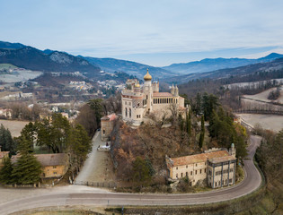 Fototapeta premium Aerial view of Castle of Rocchetta Mattei, Italy. One of the most unusual castles in the world