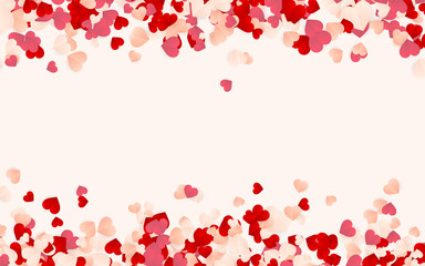 Happy Valentines Day background, paper red, pink and white orange hearts confetti. Vector illustration