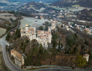 Fototapeta na wymiar Aerial view of Castle of Rocchetta Mattei, Italy. One of the most unusual castles in the world