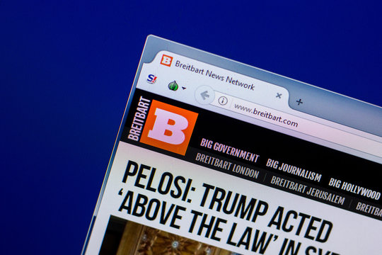 Ryazan, Russia - April 16, 2018 - Homepage of Breitbart website on the display of PC, url - Breitbart.com