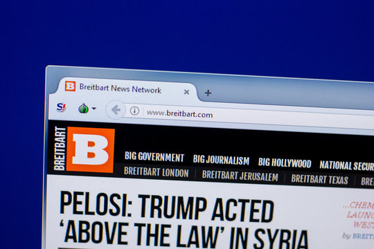 Ryazan, Russia - April 16, 2018 - Homepage of Breitbart website on the display of PC, url - Breitbart.com