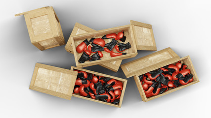 Top view of Five Wood Transport Box with Three opened and full of Boxing Gloves