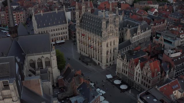 Aerial of historic Town Hall on Grand markt in Leuven, Belgium