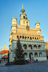 Fototapeta na wymiar The facade of the historic Renaissance town hall and Christmas tree in Poznan.