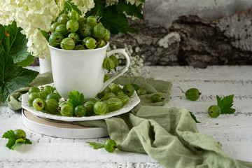 Gooseberries in plate and cup on table. Ripe summer fruits and flowers in vase botanical composition. Autumn harvesting season, vitamin source. Healthy nutrition ingredient, eco product concept
