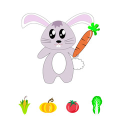 a little lovely rabbit carry with carrot, corn, pumpkin, tomato and cabbage on white background.