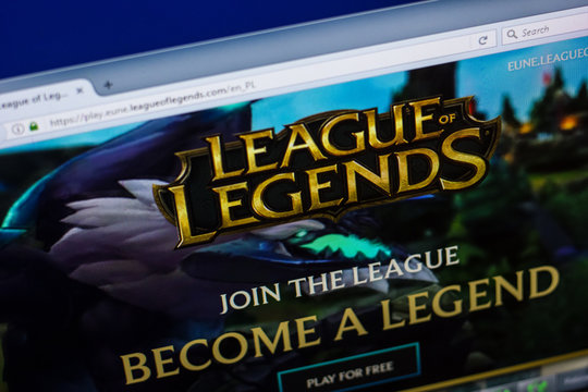Ryazan, Russia - April 29, 2018: Homepage of Leagueoflegends website on the display of PC, url - Leagueoflegends.com
