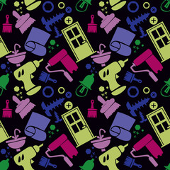 Seamless pattern with tools, carpentry tools, repair tools, construction. Colored icons, black background