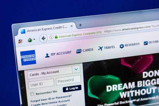 Ryazan, Russia - April 29, 2018: Homepage of Americanexpress website on the display of PC, url - Americanexpress.com