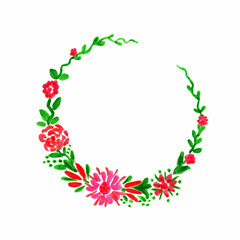 Hand drawn gentle floral watercolor round frame. For the decor of postcards, stickers, labels, products, cosmetics. Bright red, pink flowers, green foliage isolated on a white background. 