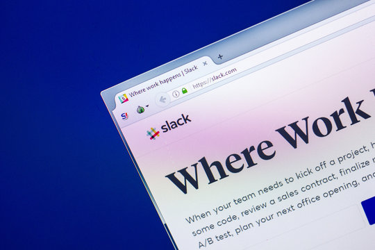 Ryazan, Russia - April 29, 2018: Homepage of Slack website on the display of PC, url - Slack.com