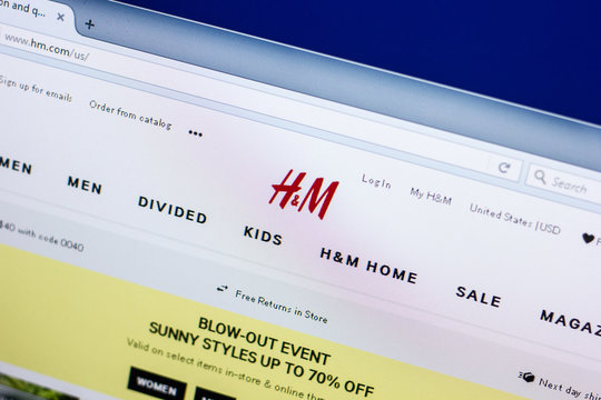Ryazan, Russia - April 29, 2018: Homepage of H&M website on the display of PC, url - HM.com