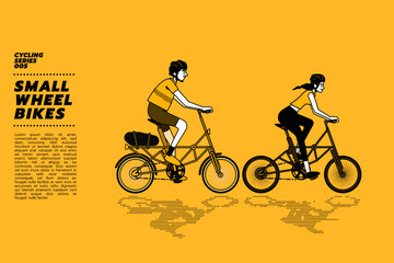 Fototapeta na wymiar Happy girl and guy on small wheel urban bike cycling at leisure.